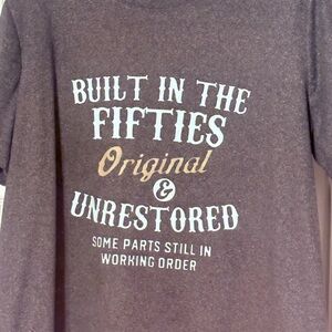 grey Graphic T-Shirt with White and Tan Text